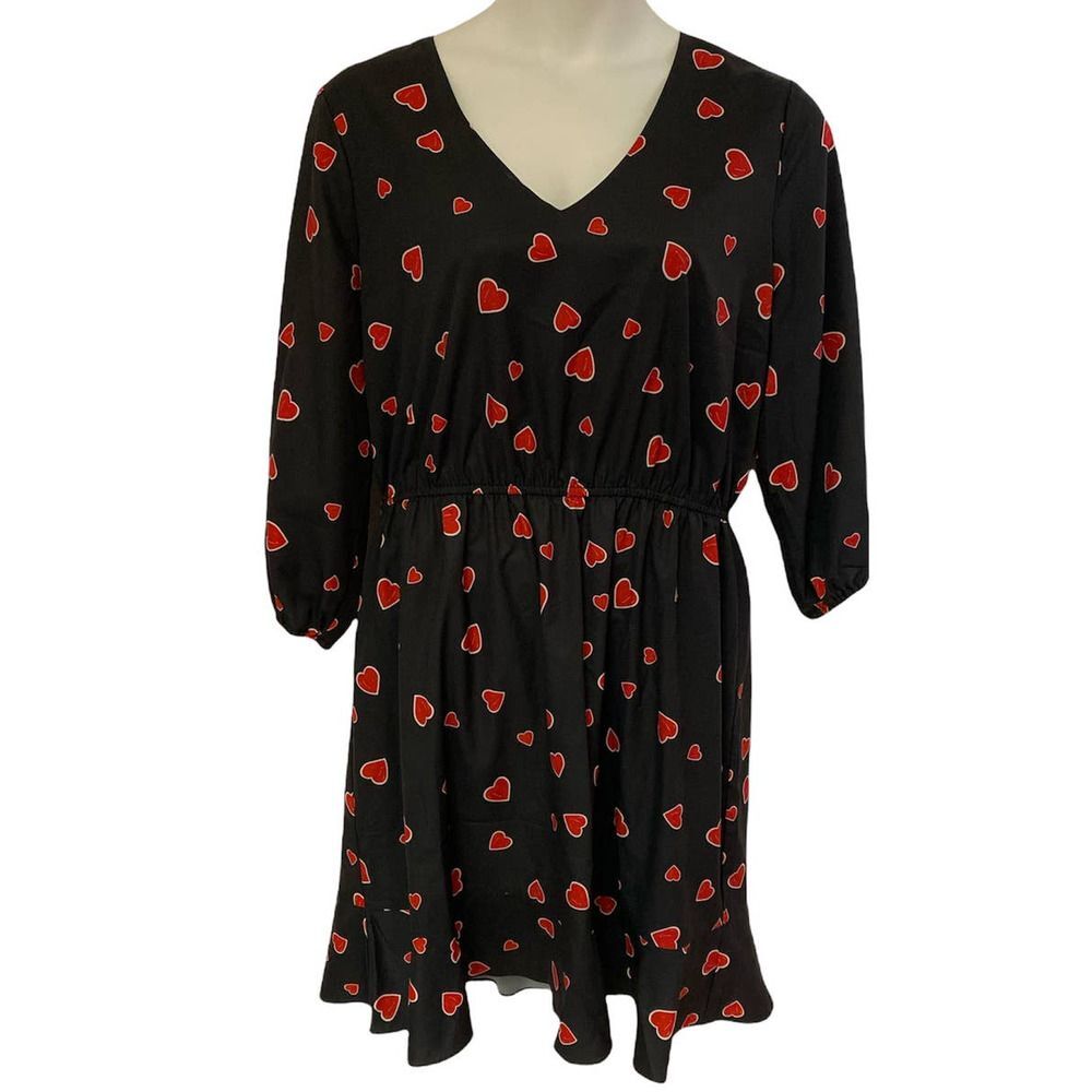 Hutch Heart Print Knee Length Fit & Flare Black Office Party Matte Satin Dress - Picture 3 of 12